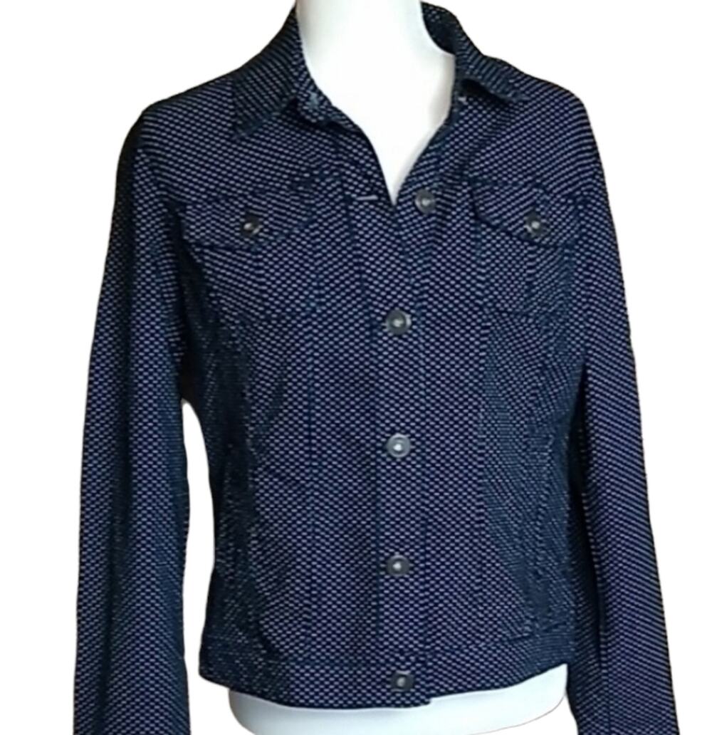 Baccini Womens SZ Medium Denim Polka Dot Button Jean Jacket Stretch Dark Wash